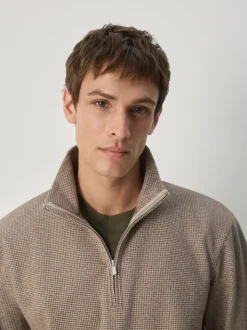 Marron neutre pied-de-poule - Pull à manches longues et col zippé