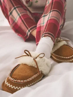 Marron noisette - Chaussons mules doublés de fausse fourrure en daim Stitch