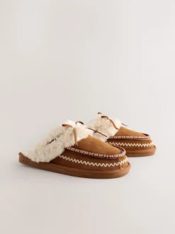 Marron noisette - Chaussons mules doublés de fausse fourrure en daim Stitch