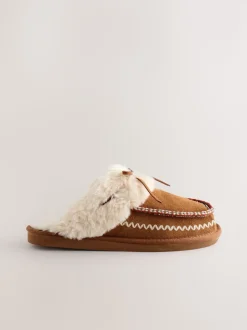 Marron noisette - Chaussons mules doublés de fausse fourrure en daim Stitch