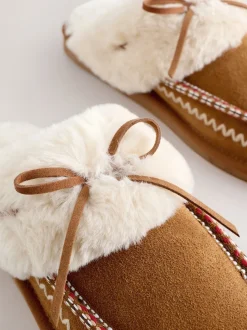 Marron noisette - Chaussons mules doublés de fausse fourrure en daim Stitch