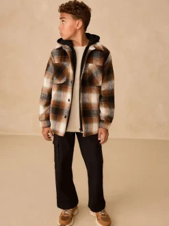 Marron rouille - Veste-chemise à carreaux à capuche doublée Borg (3-16ans)