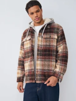 Marron rouille - Veste-chemise à carreaux à capuche doublée de peau de mouton