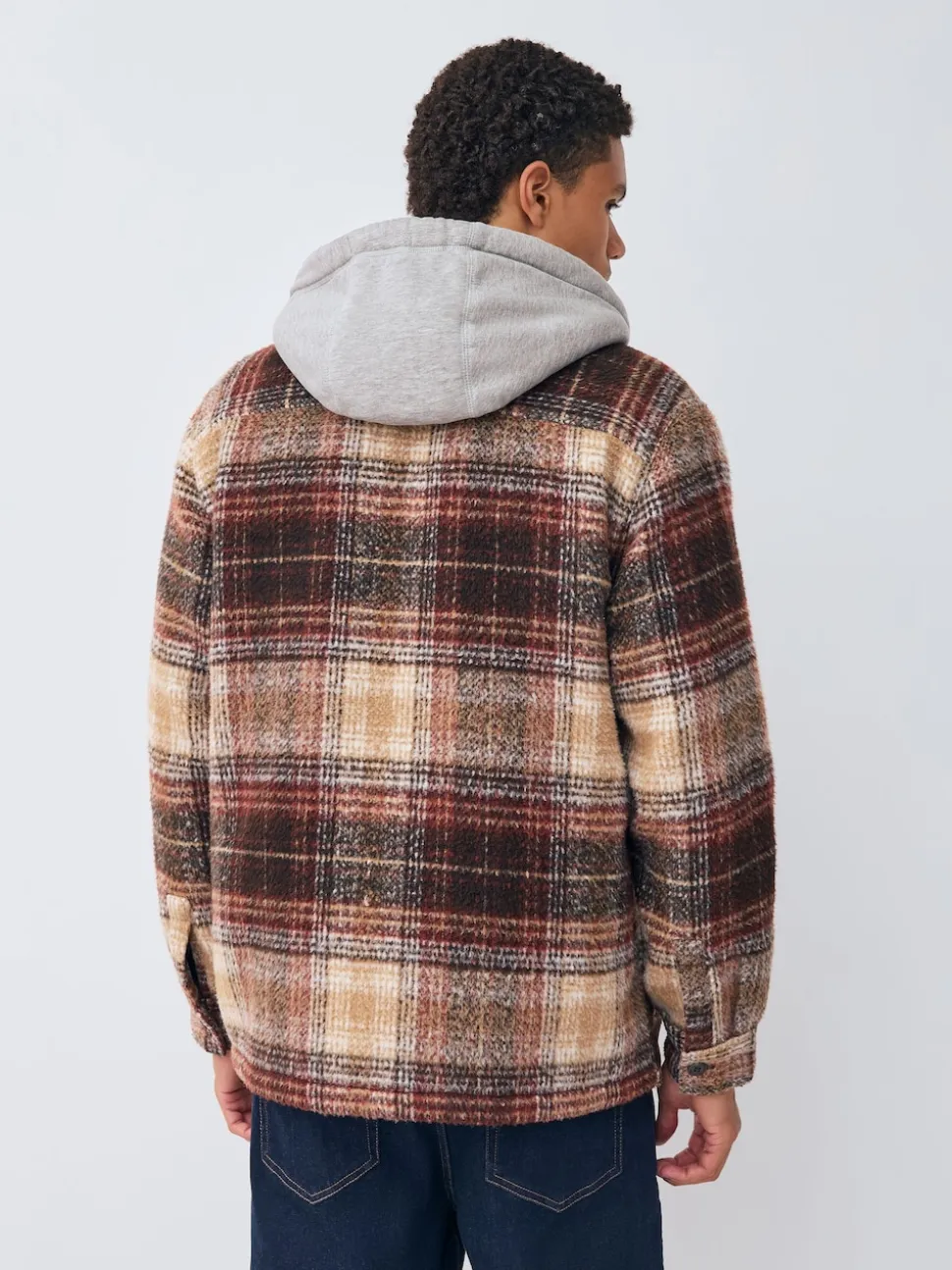 Marron rouille - Veste-chemise à carreaux à capuche doublée de peau de mouton