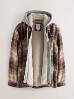 Marron rouille - Veste-chemise à carreaux à capuche doublée de peau de mouton