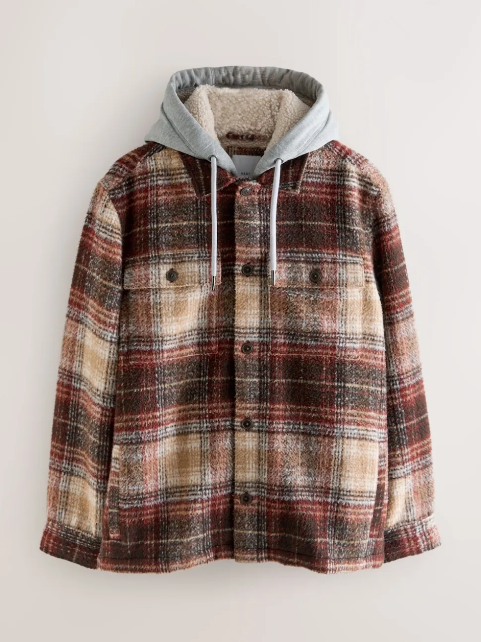 Marron rouille - Veste-chemise à carreaux à capuche doublée de peau de mouton