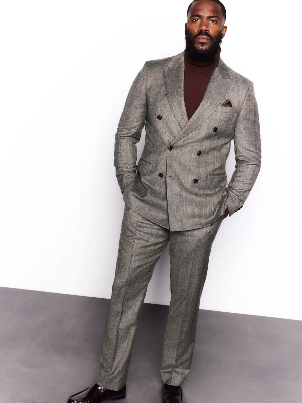 Marron taupe - Veste de costume à chevrons Marzotto 100% laine italienne à double boutonnage