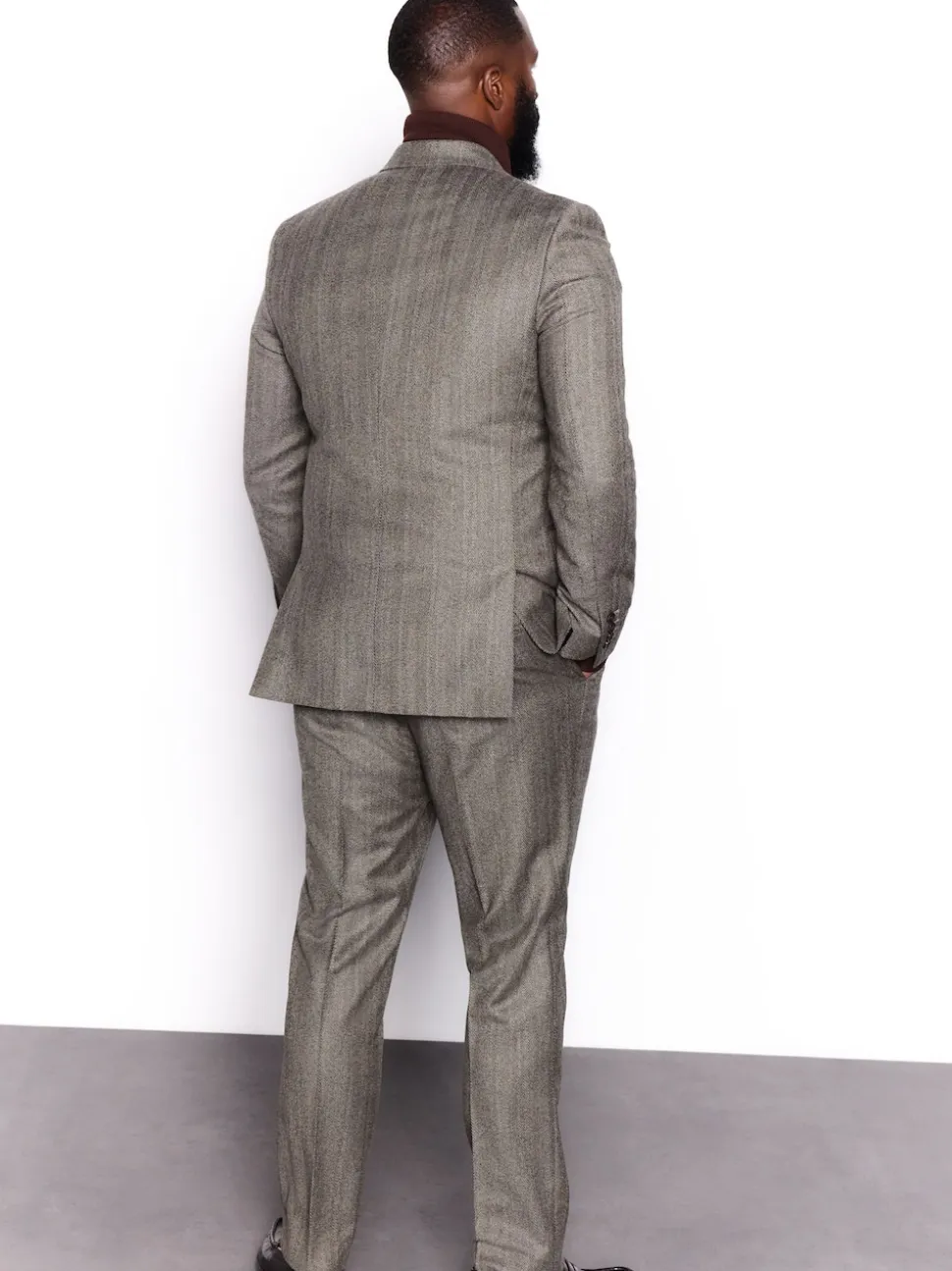 Marron taupe - Veste de costume à chevrons Marzotto 100% laine italienne à double boutonnage