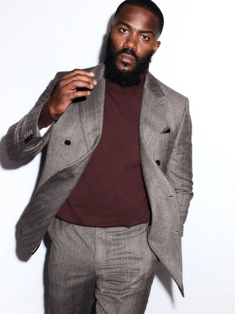 Marron taupe - Veste de costume à chevrons Marzotto 100% laine italienne à double boutonnage