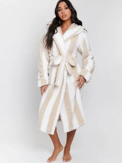 Marron/blanc - Loungeable Robe de chambre mi-longue à capuche à rayures sherpa épaisses