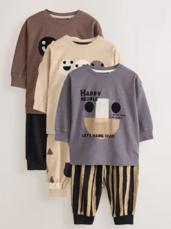 Marron/Crème heureux visage - Lot de 3 pyjamas oversize (9mois-10ans)