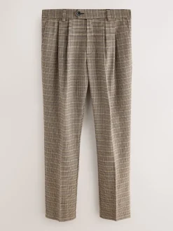 Marron/jaune - Pantalon élégant à carreaux à double plis coupe droite