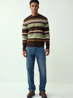 Marron/Vert sauge - Pulls Col rond à Rayure confortables Coupe classique en laine