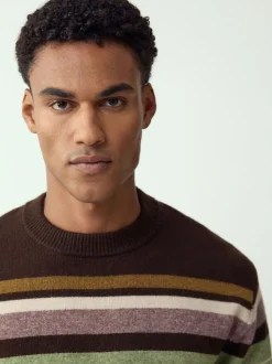 Marron/Vert sauge - Pulls Col rond à Rayure confortables Coupe classique en laine