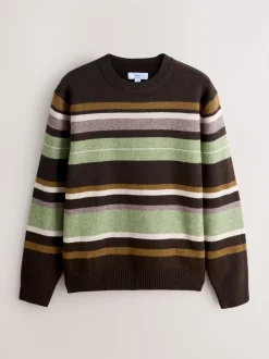 Marron/Vert sauge - Pulls Col rond à Rayure confortables Coupe classique en laine