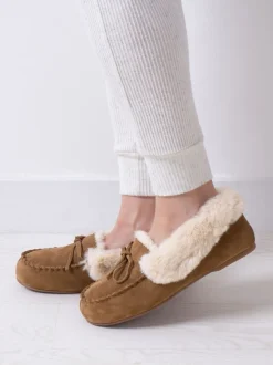 Mocassin Totes en daim véritable pour femme avec doublure en fausse fourrure
