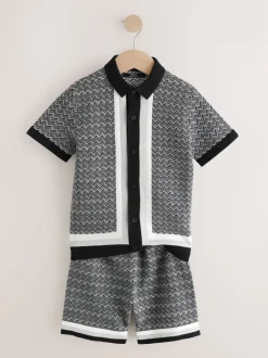 monochrome - Ensemble polo et short en maille géométrique à boutons (3-16ans)