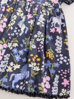 Motif licorne bleu marine - Robe en jersey côtelé (3mths-7yrs)