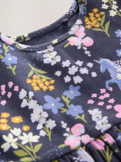 Motif licorne bleu marine - Robe en jersey côtelé (3mths-7yrs)