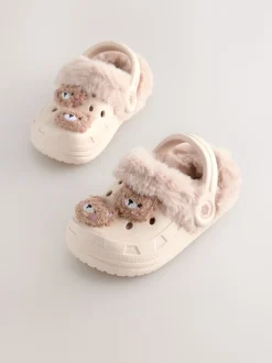 Motif ours neutre - Chaussons sabots doublés de fausse fourrure