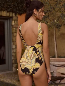 Motif paisley noir/vert - Maillot de bain plongeant et galbant avec contrôle du ventre