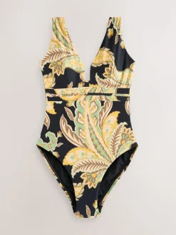 Motif paisley noir/vert - Maillot de bain plongeant et galbant avec contrôle du ventre