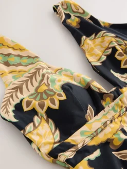 Motif paisley noir/vert - Maillot de bain plongeant et galbant avec contrôle du ventre