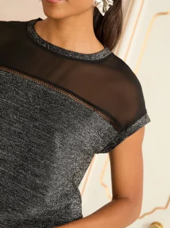 Métallisé noir - Haut Love & Roses en satin à manches courtes et col en V