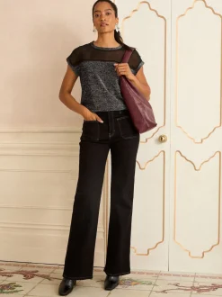 Métallisé noir - Haut Love & Roses en satin à manches courtes et col en V