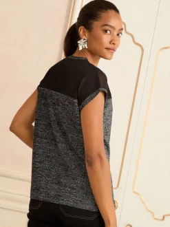 Métallisé noir - Haut Love & Roses en satin à manches courtes et col en V