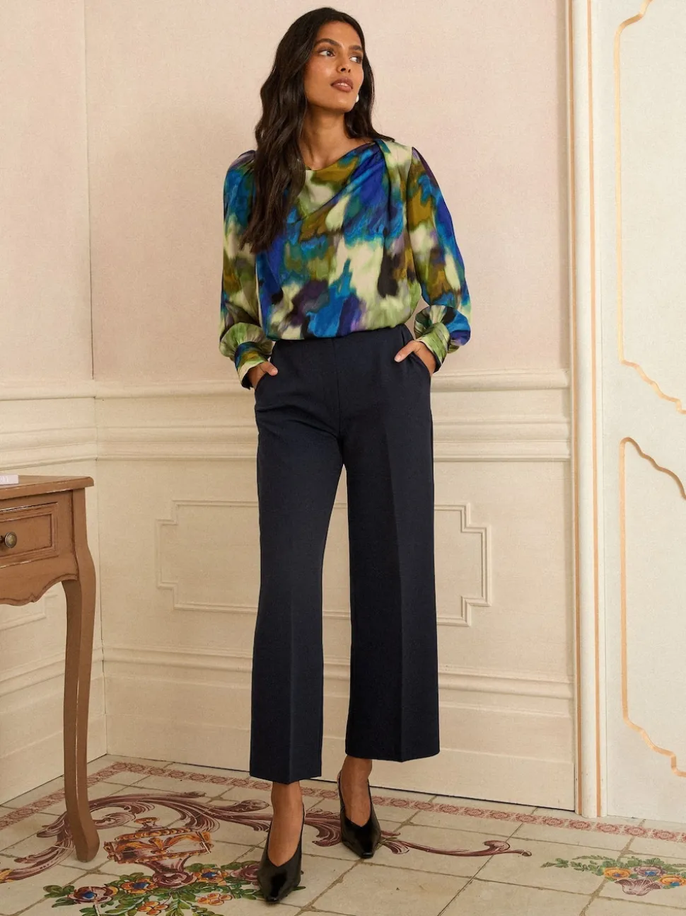 Multicolore - Love & Roses Chemisier en satin à Manches longues et Col bénitier