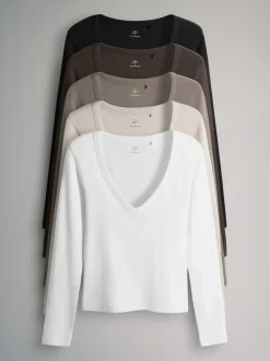 Multicolore - The Set lot de 5 t-shirts côtelés à col en V et manches longues