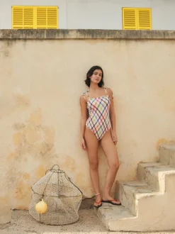 Multicolore/Blanc à Carreaux vifs - Maillot de bain bandeau froncé pour le contrôle du ventre