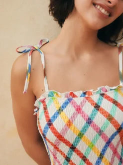 Multicolore/Blanc à Carreaux vifs - Maillot de bain bandeau froncé pour le contrôle du ventre