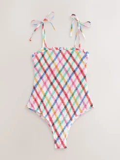 Multicolore/Blanc à Carreaux vifs - Maillot de bain bandeau froncé pour le contrôle du ventre