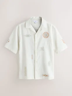 neutre - Chemise texturée brodée style Navajo à manches courtes