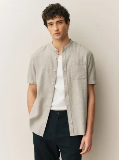 neutre - Col grand-père. - Chemise à manches courtes en lin et coton mélangés