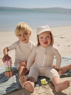 neutre - Ensemble maillot de bain et chapeau anti-soleil rayé (3mois-7ans)