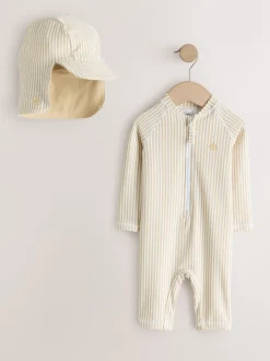 neutre - Ensemble maillot de bain et chapeau anti-soleil rayé (3mois-7ans)