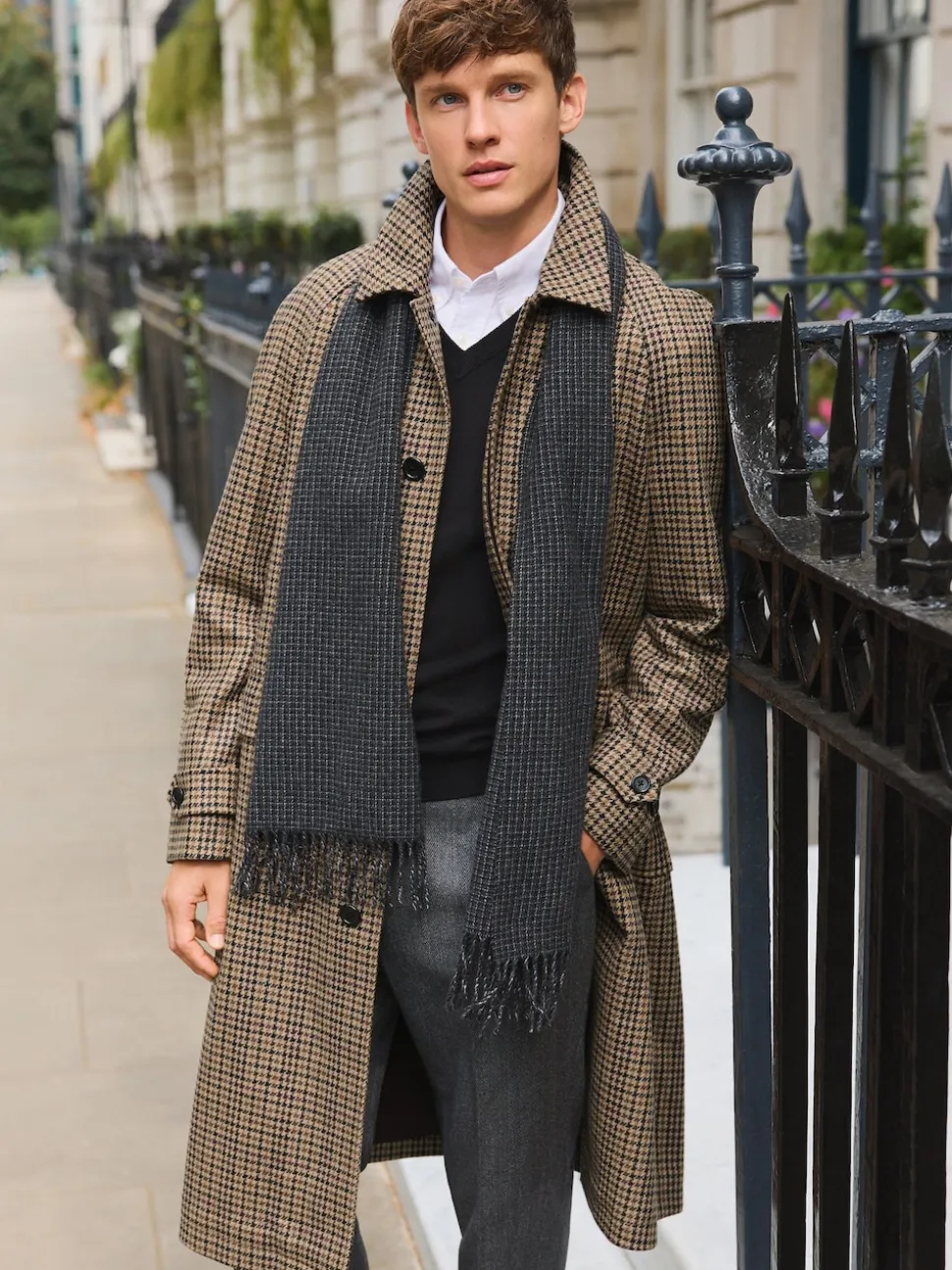 neutre - Manteau à carreaux pied-de-poule en tissu italien riche en laine