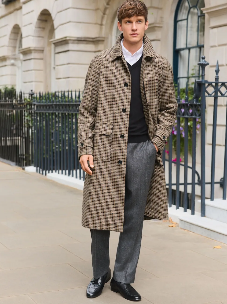 neutre - Manteau à carreaux pied-de-poule en tissu italien riche en laine