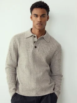 neutre - Polo à manches longues en maille côtelée confortable avec laine