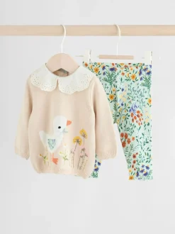 Neutre canard/Vert sauge Ditsy - Pull et Leggings en maille Bébé Ensemble 2 Pièces (0mois-3ans)