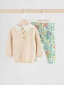 Neutre canard/Vert sauge Ditsy - Pull et Leggings en maille Bébé Ensemble 2 Pièces (0mois-3ans)