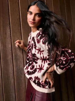 Neutre/Bordeaux - Pull à col rond Motif paisley Statement