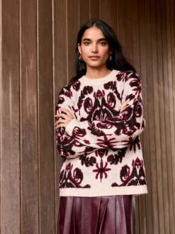 Neutre/Bordeaux - Pull à col rond Motif paisley Statement