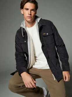 Noir - À capuche Velours côtelé Borg Veste-chemise doublée