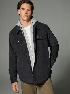 Noir - À capuche Velours côtelé Borg Veste-chemise doublée