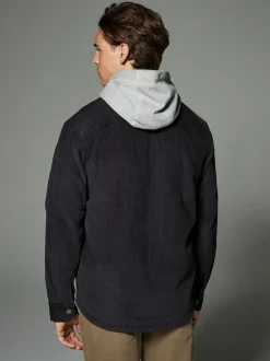 Noir - À capuche Velours côtelé Borg Veste-chemise doublée