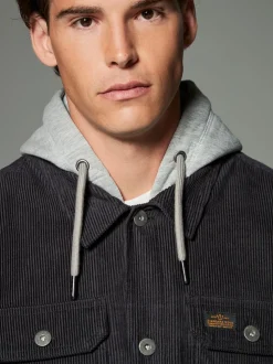 Noir - À capuche Velours côtelé Borg Veste-chemise doublée